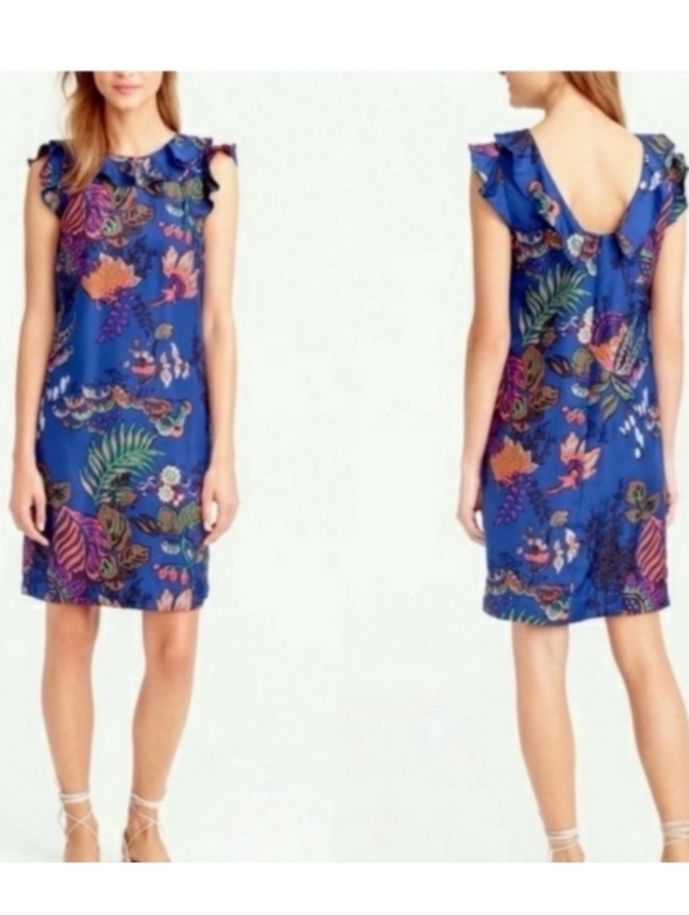 J. Crew Blue Silk Floral Dress With Ruffle Sz 4